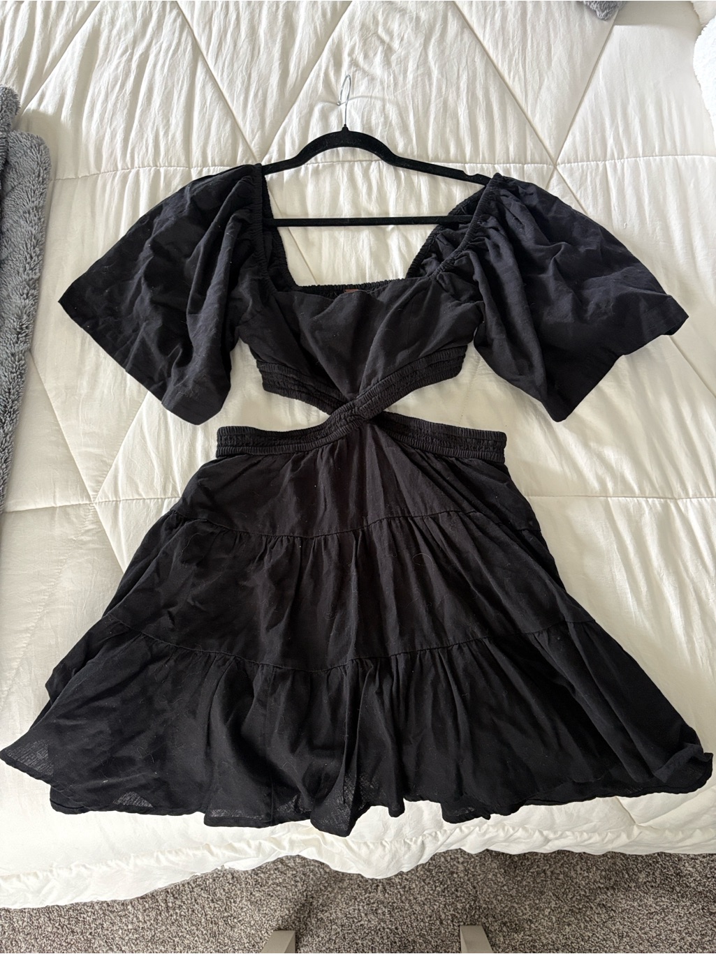 Free People Black Cutout Puff-Sleeve Mini Dress